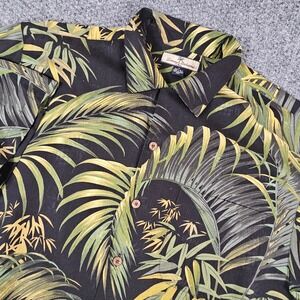 Tommy Bahama Mens M Black Silk Palm Leaf Bamboo Print Short Sleeve Button Down